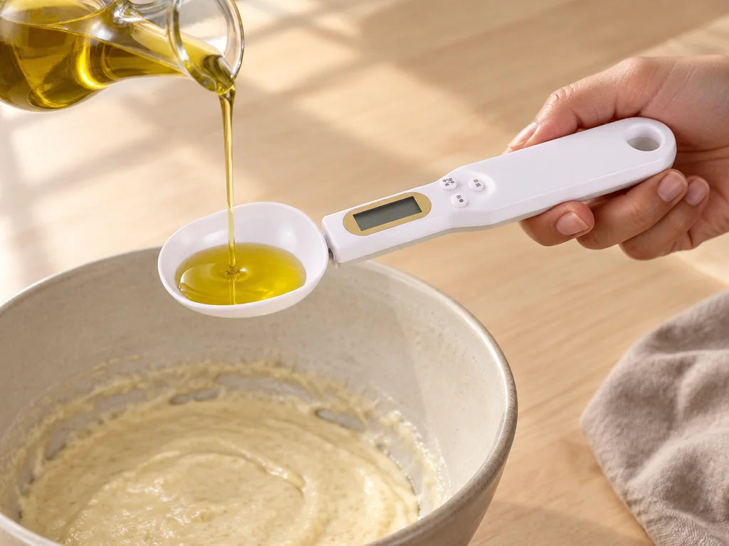 A close real-kitchen photograph of the white Doseo digital weighing spoon as a thin stream of olive