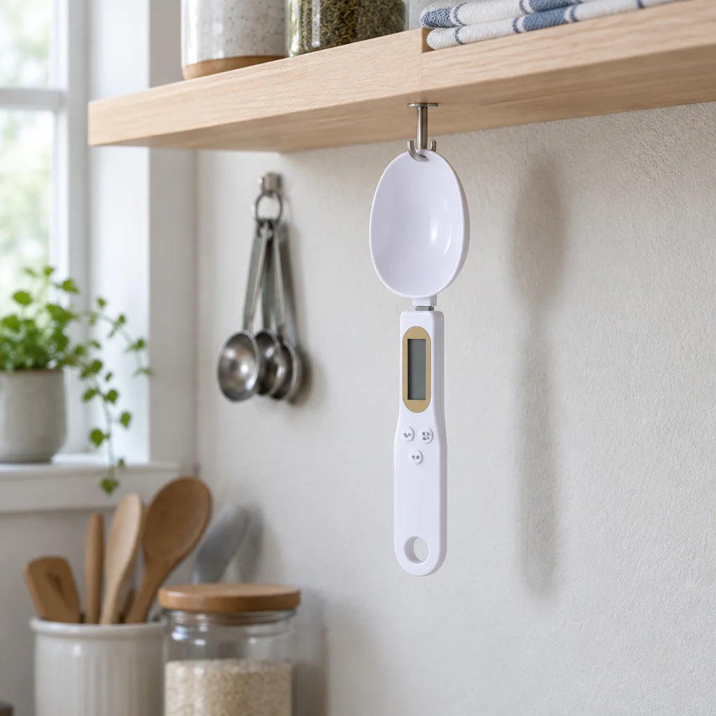 A real kitchen photograph of the white Doseo digital weighing spoon hanging vertically by the circul