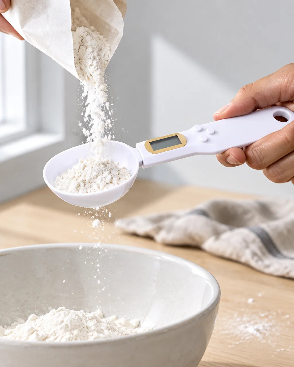 A close, vertical kitchen photograph of the white Doseo digital weighing spoon, a compact glossy pla