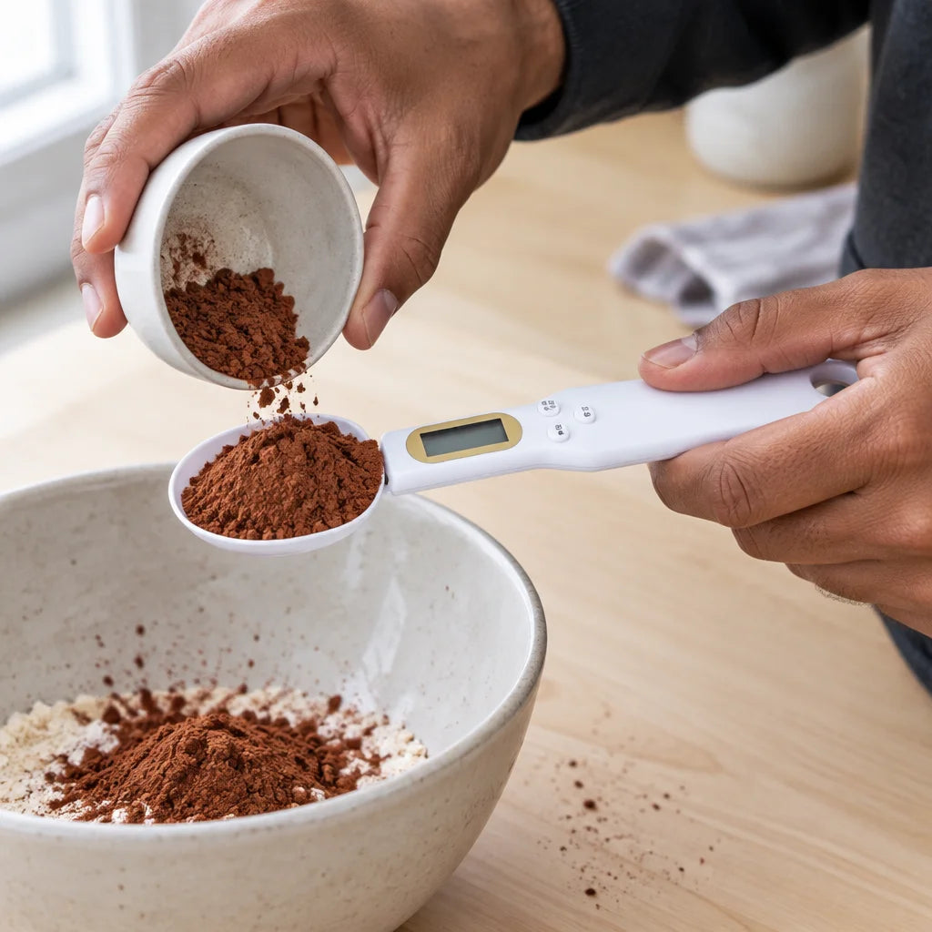 A close kitchen photograph of the white Doseo digital weighing spoon filled with cocoa powder, held
