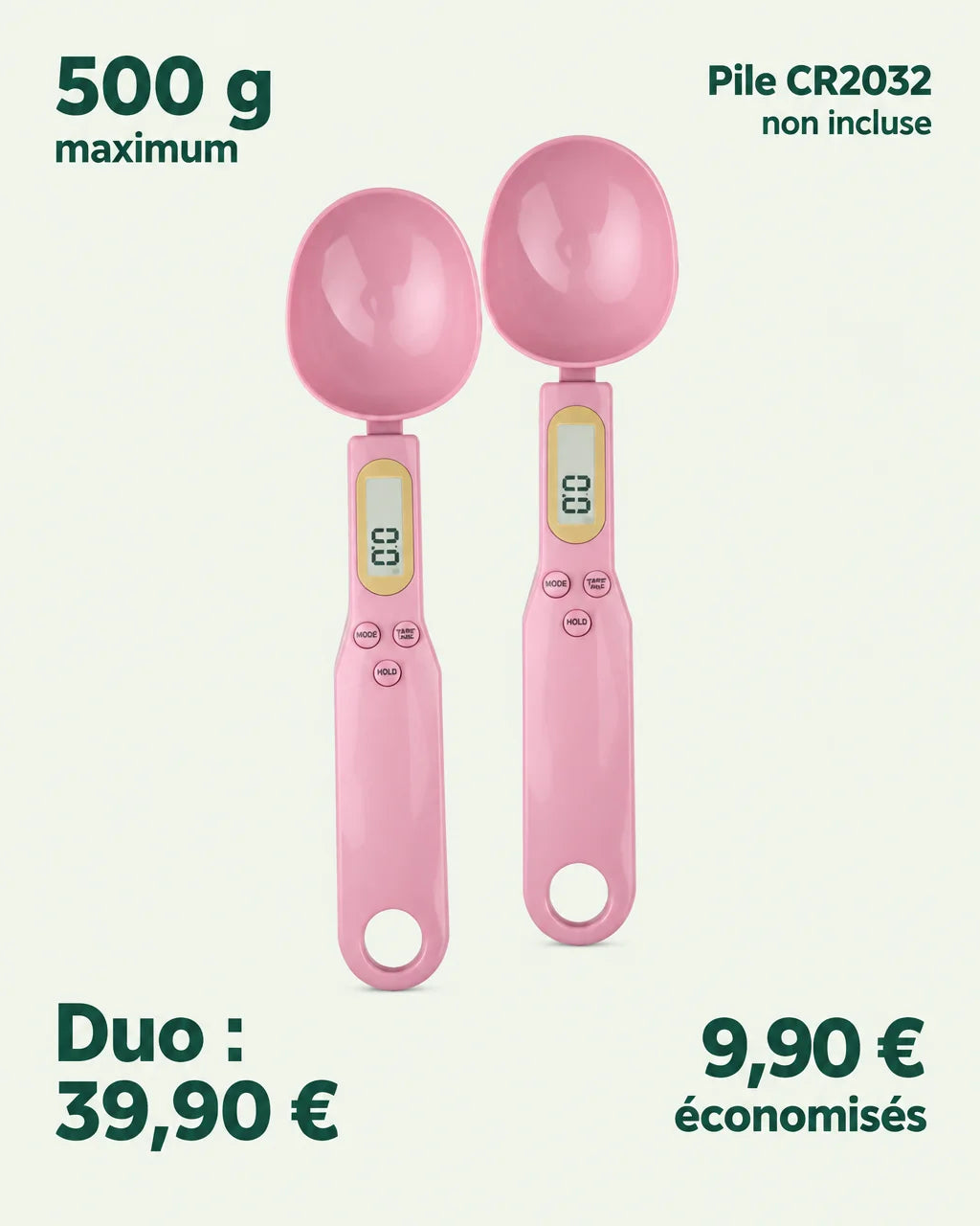A French-language product fact graphic on a uniform light #F3F7EE background. Show the two Doseo dig