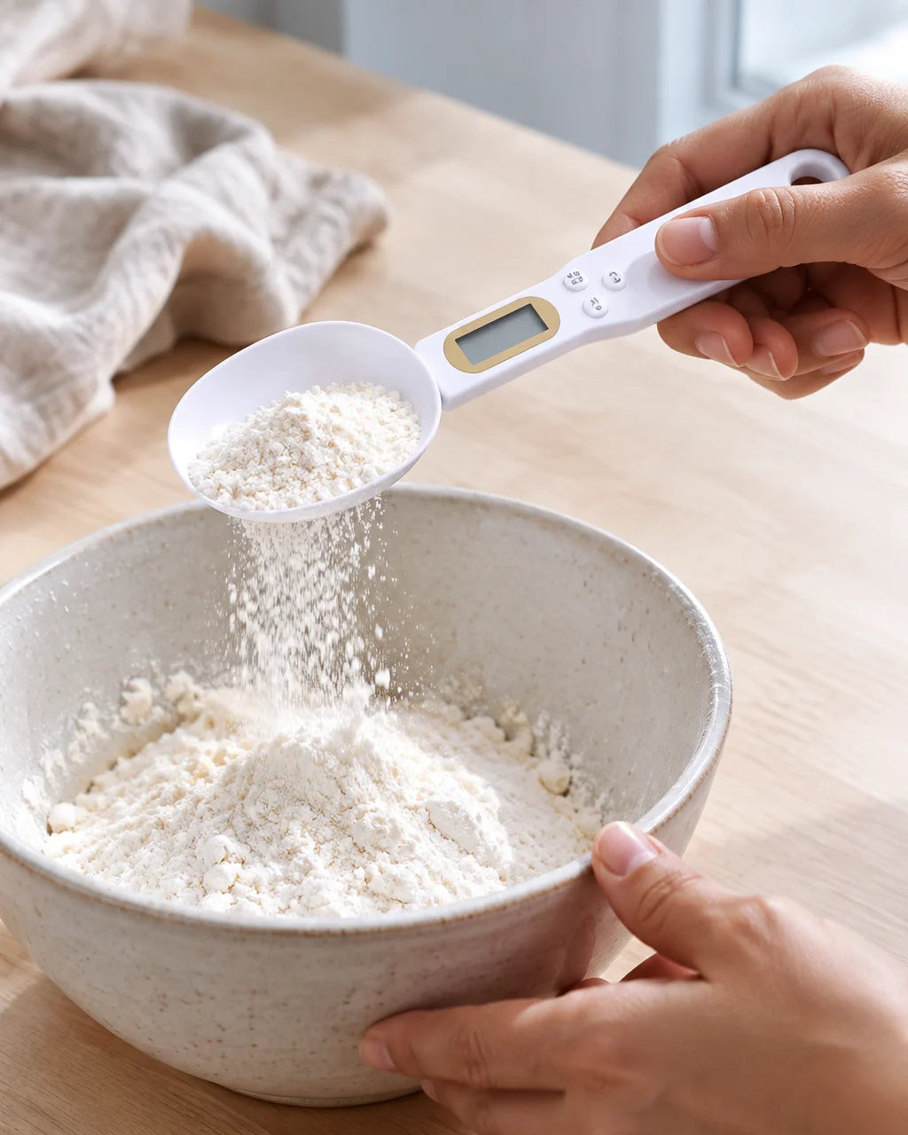A close kitchen photograph of the white Doseo digital weighing spoon, with its glossy removable bowl