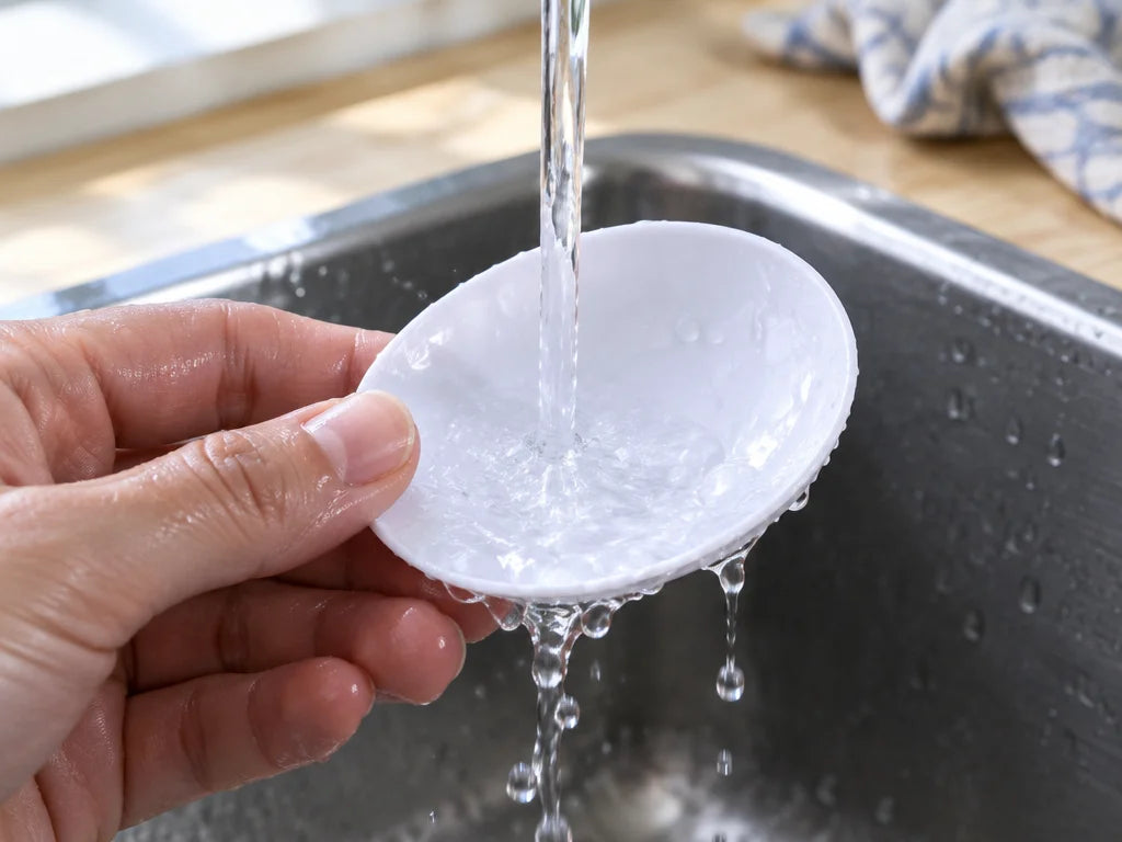 A close real-kitchen photograph of the detached white spoon bowl from the Doseo digital scale being