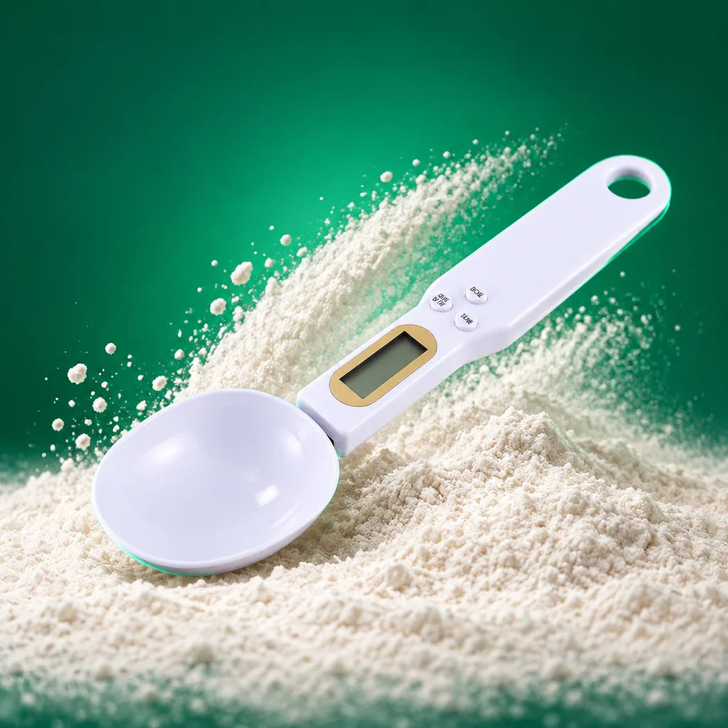 A constructed studio photograph of the white Doseo digital weighing spoon, its glossy plastic bowl,