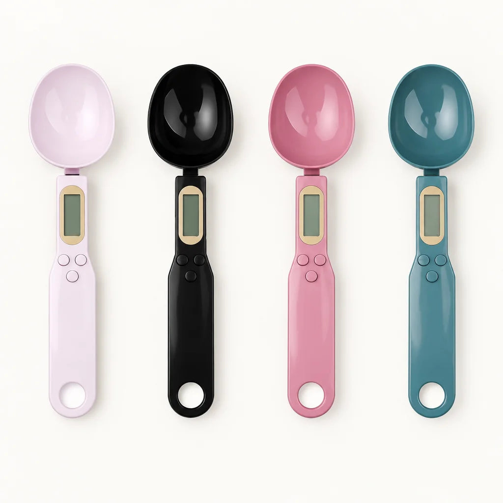 A clean overhead product photograph of four Doseo digital weighing spoons in the same upright orient