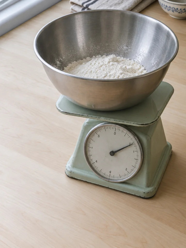 A close kitchen photograph of a bulky old-fashioned kitchen scale with a broad weighing platform and