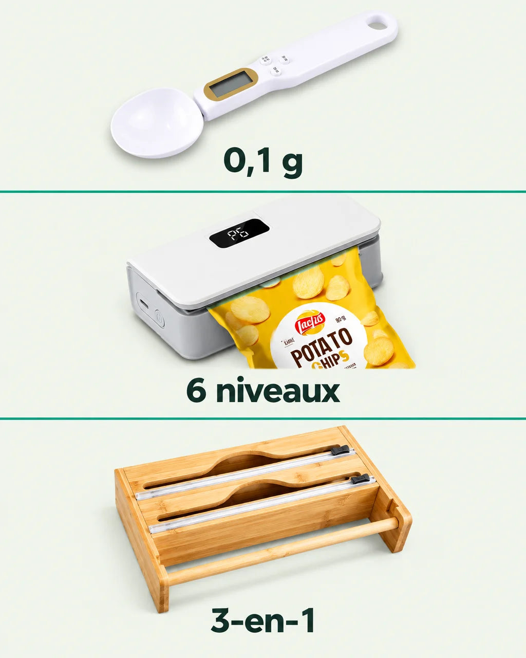 A three-part graphic on a flat, uniform #F3F7EE background, with each supplied product shown faithfu