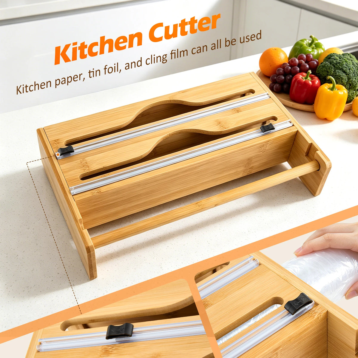 Distributeur mural 3-en-1 en bois pour rouleaux de cuisine
