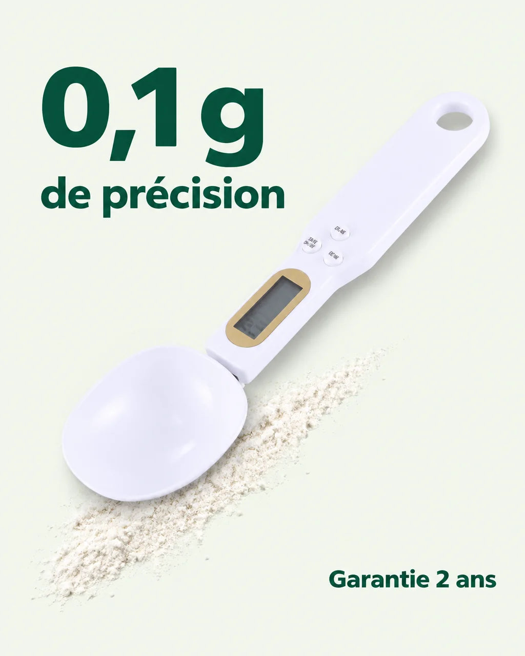 A French-language product fact graphic on a uniformly light #F3F7EE background. The white Doseo digi