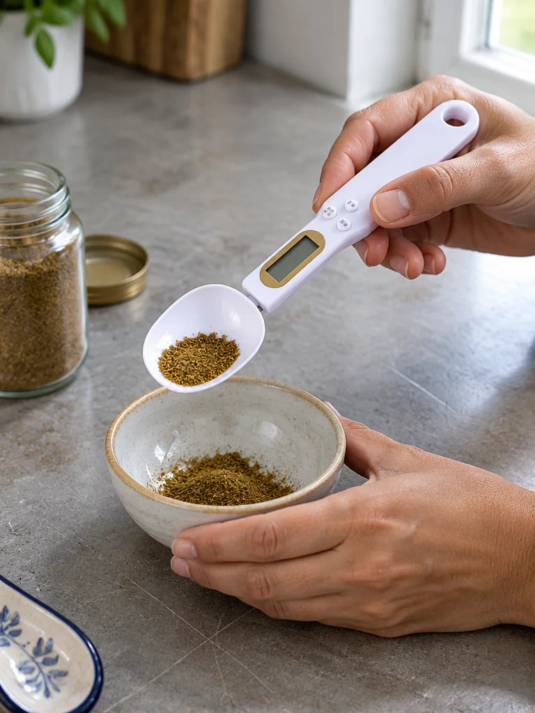 A portrait photograph of the exact white digital weighing spoon from the supplied reference measurin