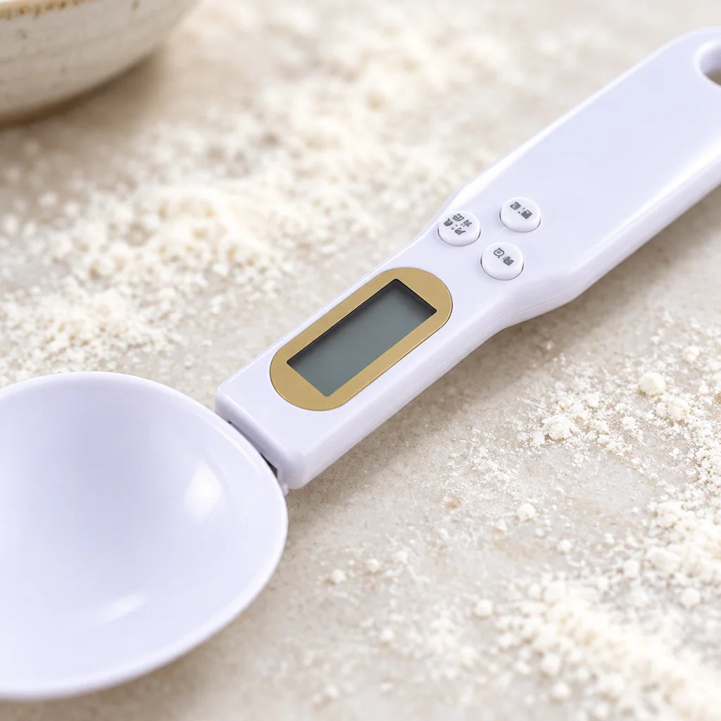 A macro photograph of the exact white digital weighing spoon from the supplied reference, cropped cl