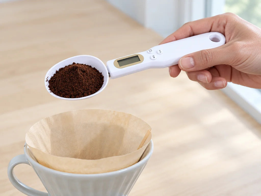 A close kitchen photograph of the white Doseo digital weighing spoon, glossy bowl filled with dark g