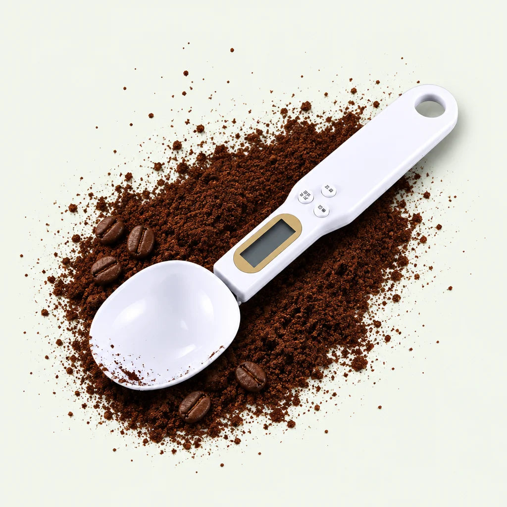 A constructed overhead studio photograph of the full white Doseo digital weighing spoon, glossy bowl